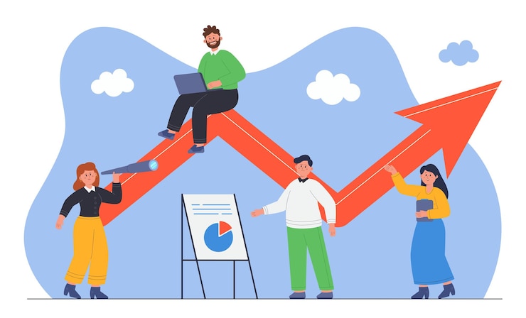 Vetor grátis equipe de pequenas empresas de desenho animado com placar equilibrado. impulso ou progresso de negócios, seta para cima, pessoas de escritório com plano e ilustração vetorial plana de objetivo. trabalho em equipe, sucesso, conceito de realização