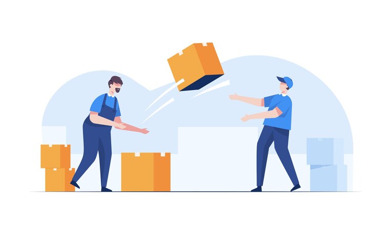 Vetor grátis equipe do armazém vestindo uniforme carregando a caixa de encomendas e verificando o produto do armazém entrega e armazenamento logístico e transporte por caminhão entrega e logística da indústria entrega comercial