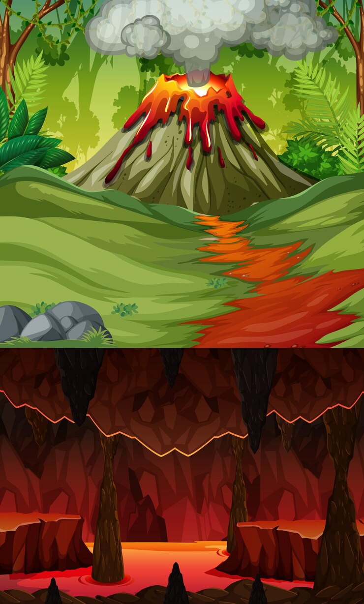 Vetor grátis erupção de vulcão em cena de floresta e caverna infernal com cena de lava