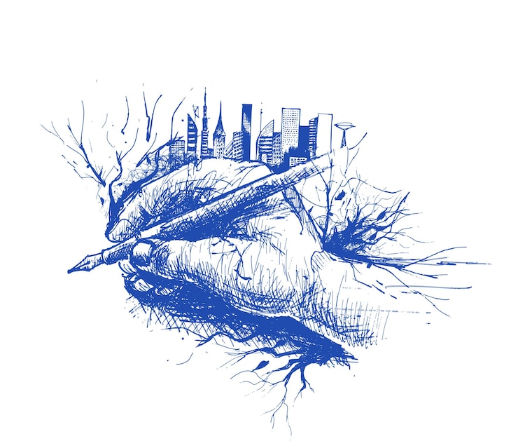 Vetor grátis esboço de mão segurando a caneta isolada no fundo branco com ilustração vetorial de horizonte urbano da cidade