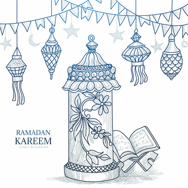 Vetor grátis esboço desenhado à mão do livro sagrado do alcorão no estande