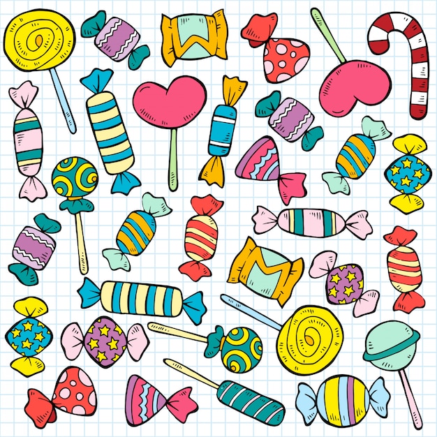 Esboço padrão de doces e pirulitos coloridos