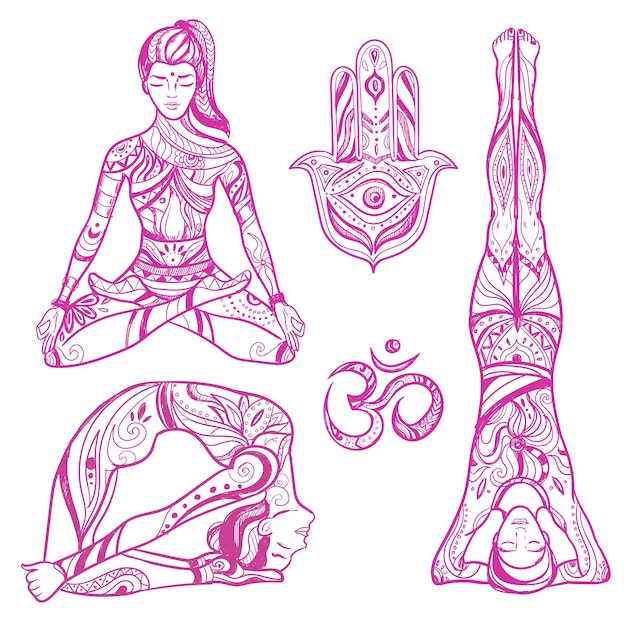 Vetor grátis esboço yoga mulheres icon set