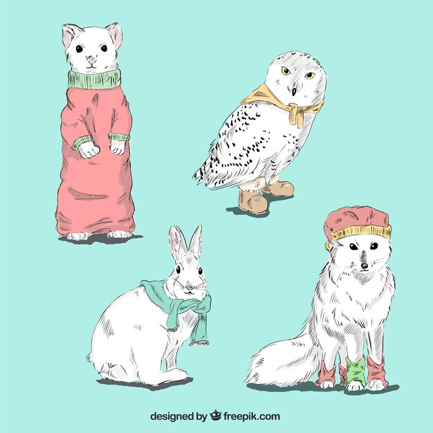 Esboços de animais com roupas de inverno
