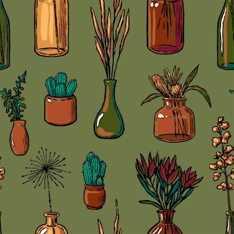 Esboços de vasos com flores e plantas. ornamento botânico de decoração vintage. padrão sem emenda de mão desenhada vector. design abstrato para têxteis, fundo, papel de parede.