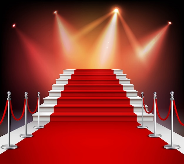 Escadas brancas cobertas com tapete vermelho e iluminado por holofotes ilustração realista vector