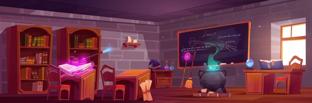 Escola de magia, interior da sala de aula com mesas de madeira para alunos e professores,