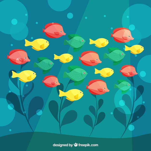 Vetor grátis escola de peixes coloridos fundo com mar profundo