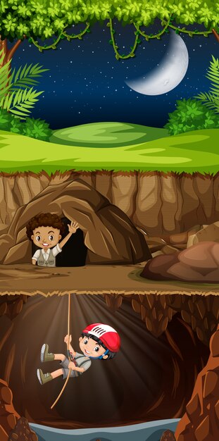 Escoteiro explorando a caverna