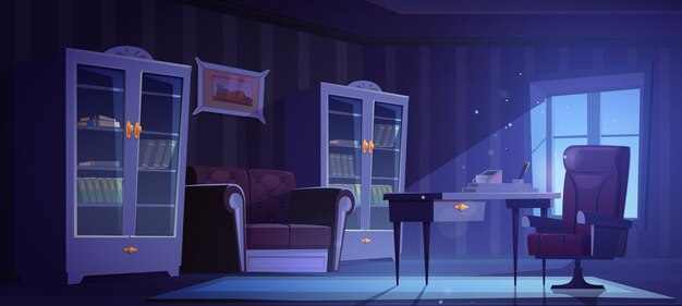 Escritório de luxo em estilo antigo clássico à noite. Interior escuro e vazio com mesa de secretaria de móveis de madeira maciça