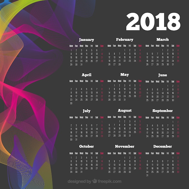 Escuro 2018 calendário com formas onduladas coloridas