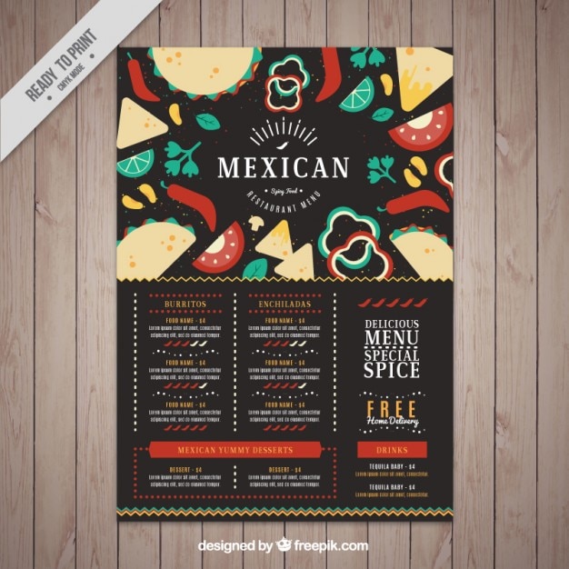 Escuro menu do restaurante mexicano com comida em design plano