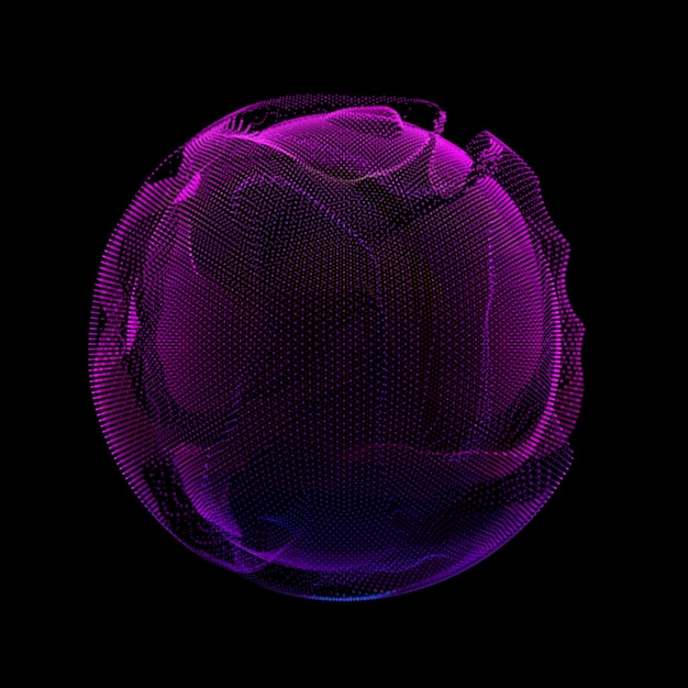 Vetor grátis esfera de malha colorida violeta vetor abstrato em fundo escuro. esfera de ponto corrompido. estética do caos.