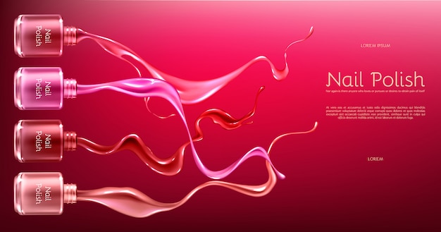 Vetor grátis esmalte vermelho ou rosa banner de anúncios 3d vector realista com frasco de vidro em brilhante