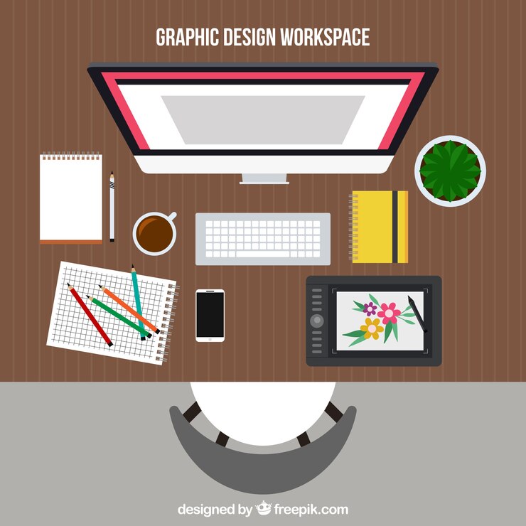 Vetor grátis espaço de trabalho de design gráfico com mesa e ferramentas