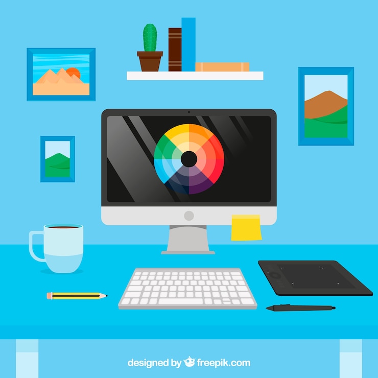 Vetor grátis espaço de trabalho de design gráfico com mesa e ferramentas