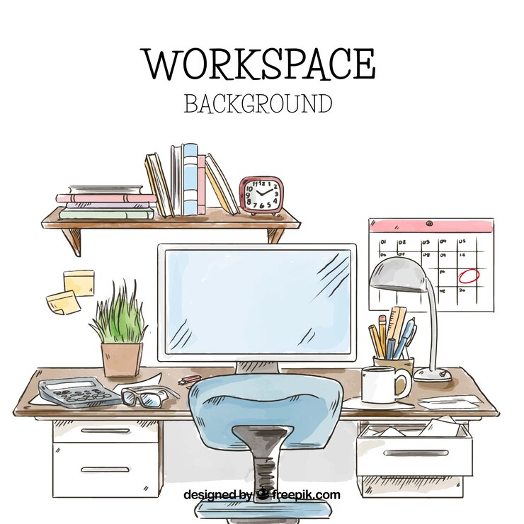 Vetor grátis espaço de trabalho desenhado à mão com estilo bonito