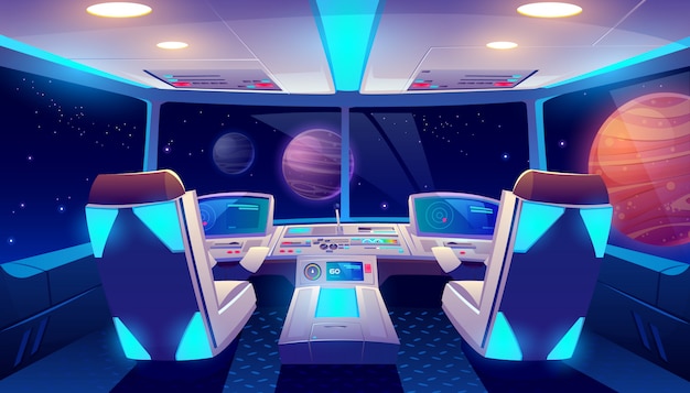 Espaço interior do cockpit da nave espacial e vista de planetas