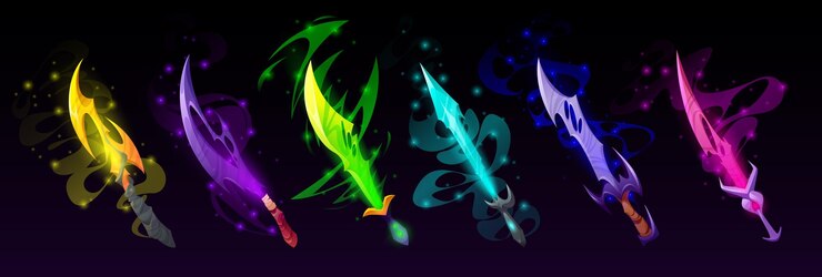 Vetor grátis espadas mágicas dos desenhos animados sabres de adagas de aço mágico com lâminas coloridas e neblina cavaleiro guerreiro arma elementos de design ui para jogo de computador isolado assistente ou armadura élfica conjunto de ilustração vetorial