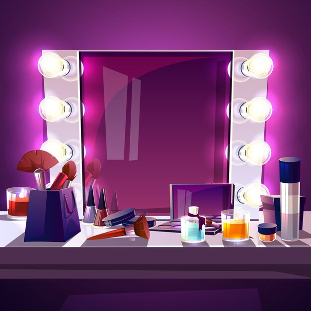 Espelho quadrado de maquiagem com lâmpadas, cartoon ilustração moderna moldura de prata