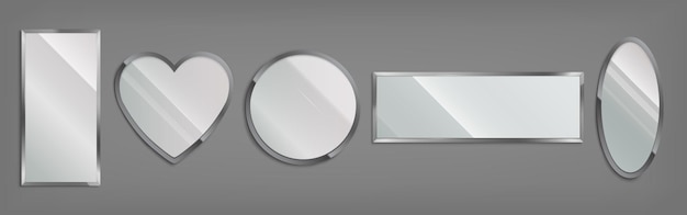 Espelhos em armação de metal em forma de círculo, coração, oval e retângulo isolado em fundo cinza. Conjunto realista de vetor de espelhos de vidro brilhante com borda cromada. Decoração moderna para banheiro