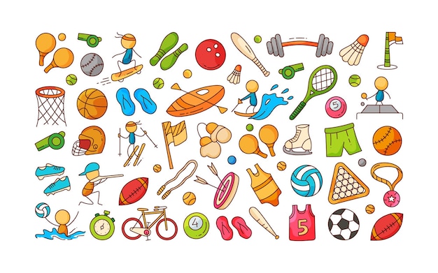 Esporte doodle elemento esporte padrão doodle desenho mão doodle esporte esporte conjunto de ícones contorno preenchido
