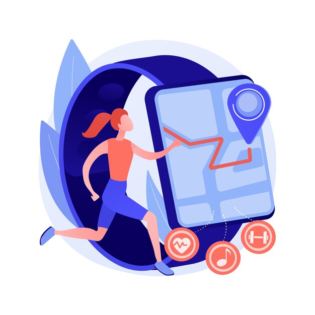 Esporte e fitness tracker ilustração em vetor conceito abstrato. faixa de atividade, monitor de saúde, dispositivo de pulso, aplicativo para corrida, ciclismo e metáfora abstrata de treinamento diário.