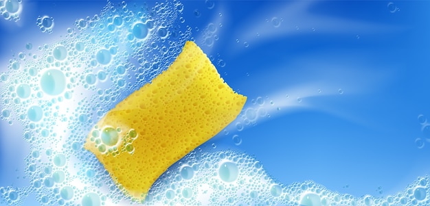 Espuma de limpeza com esponja amarela e bolhas em fundo azul com manchas brancas, espuma, textura espumosa, sabonete líquido ou espuma de xampu. ilustração 3d realista em espuma de sabão em pó, banner