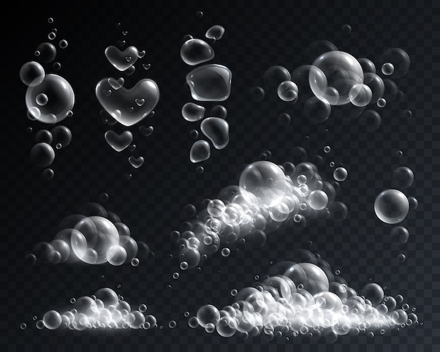Vetor grátis espuma de sabão e bolhas de forma realista conjunto diferente isolado na transparente