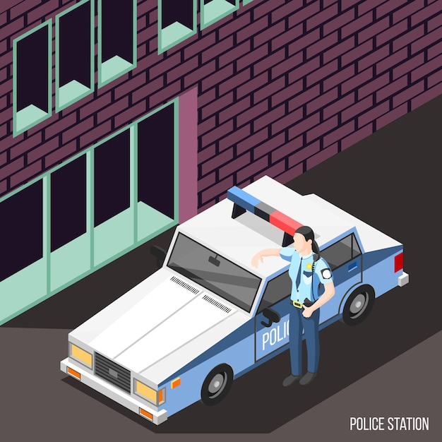 Esquadra de polícia isométrica com personagem feminina em uniforme de policial em pé perto de carro da polícia com luzes piscando