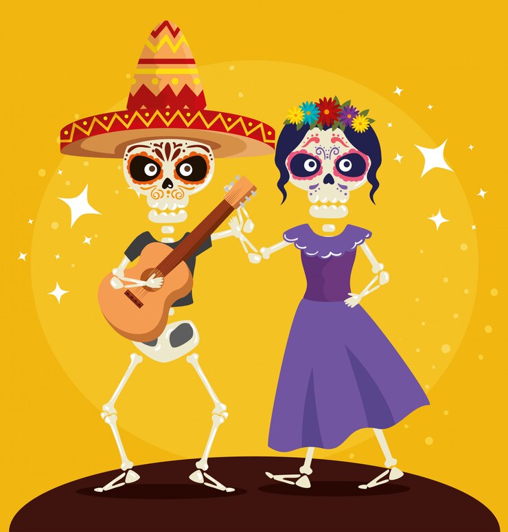 Vetor grátis esqueleto com guitarra dançando com catrina
