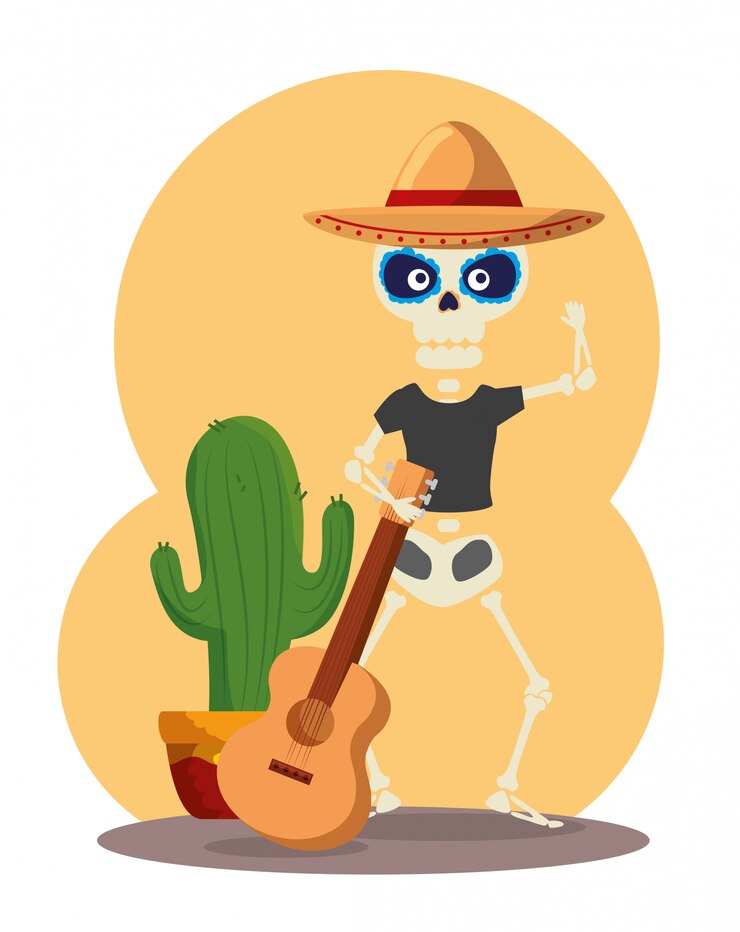Vetor grátis esqueleto usando chapéu com violão e planta de cacto