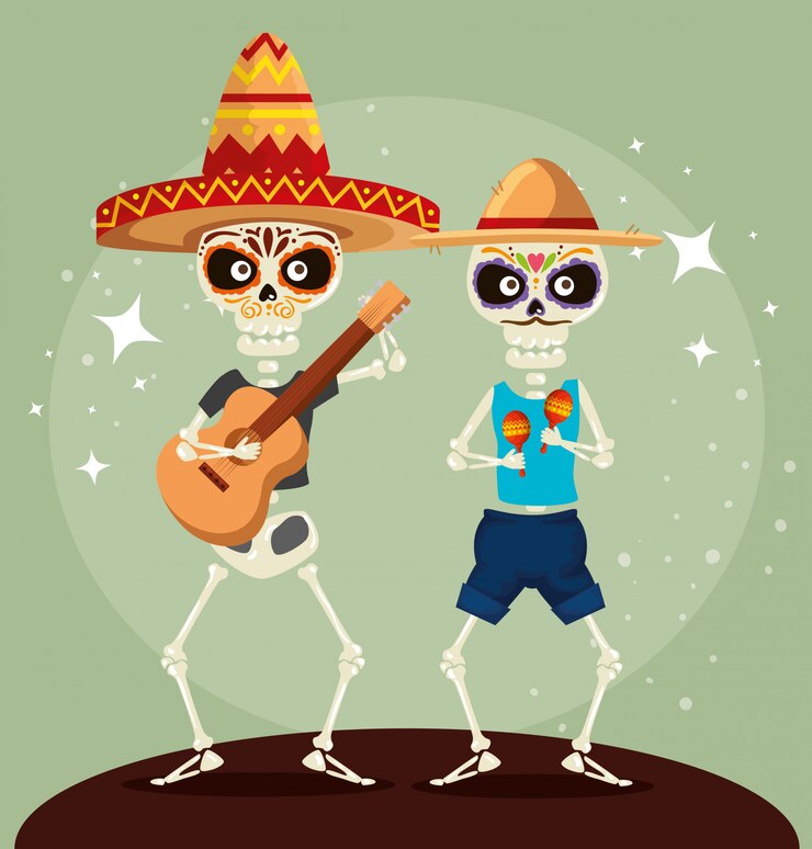 Vetor grátis esqueletos com violão e maracas para a celebração do evento