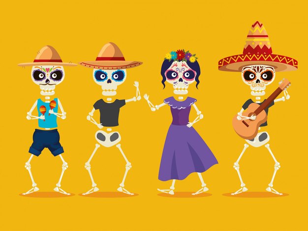 Esqueletos homens e catrina para o dia da celebração dos mortos