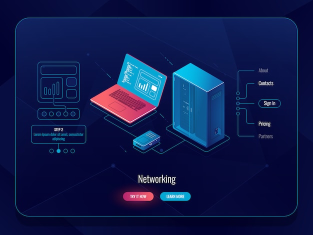 Esquema de rede isométrica, troca de dados, transferência de dados do computador para o servidor