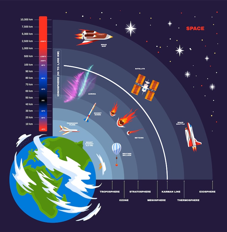 Vetor grátis esquema visual do conceito de estrutura da atmosfera terrestre da localização de atmosferas e objetos voadores dentro de cada um deles ilustração