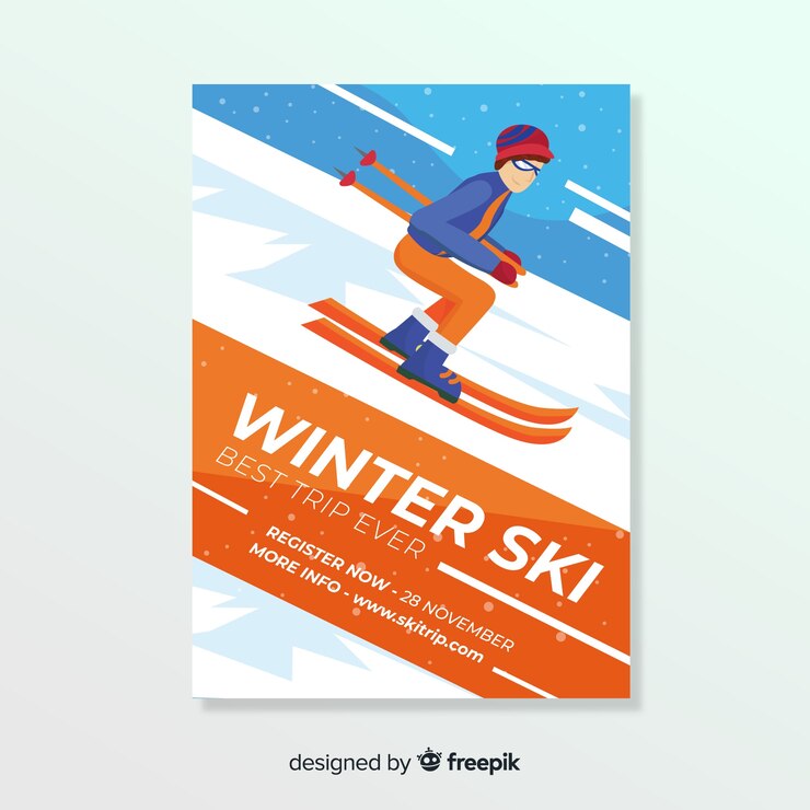 Vetor grátis esqui de pessoa de cartaz de viagem de esqui de inverno