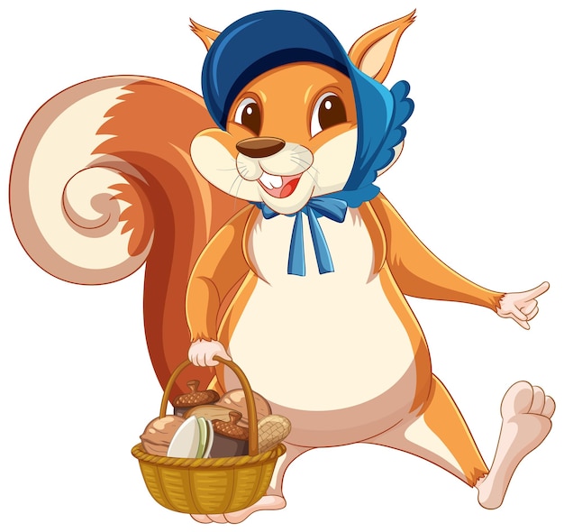Esquilo de desenho animado bonito carregando uma cesta no fundo branco