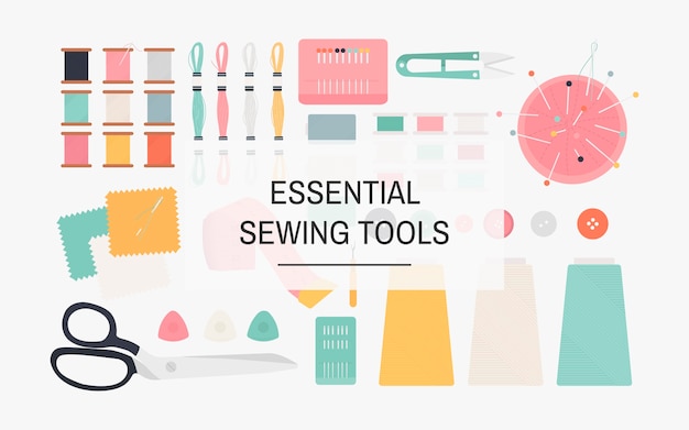 Essencial, ferramentas sewing, ícone, ilustração