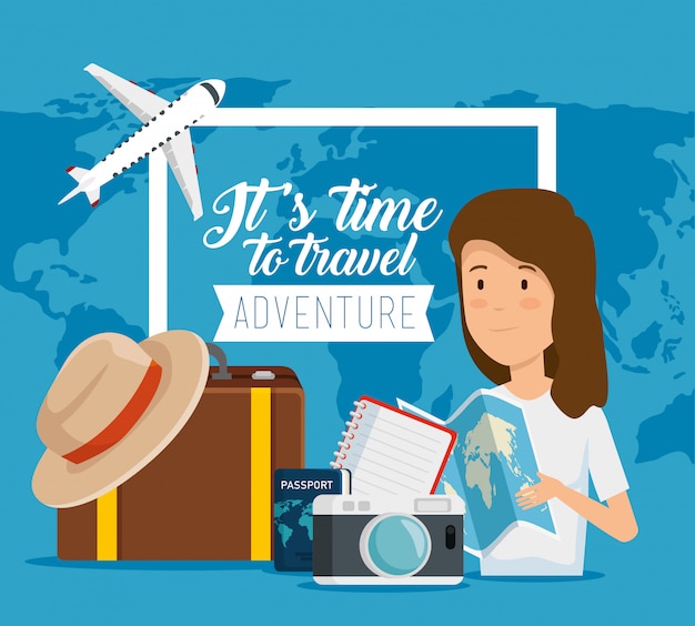 Está na hora de viajar. Mulher com bagagem global e global de viagem