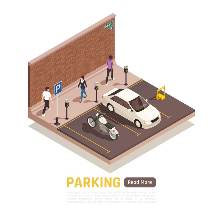 Vetor grátis estacionamentos isométricos e pessoas andando modelo de banner