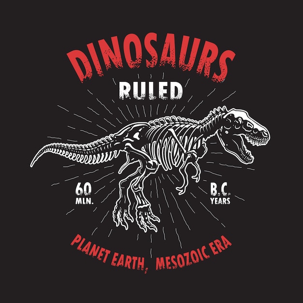 Estampa de camiseta do esqueleto do dinossauro tiranossauro. estilo vintage