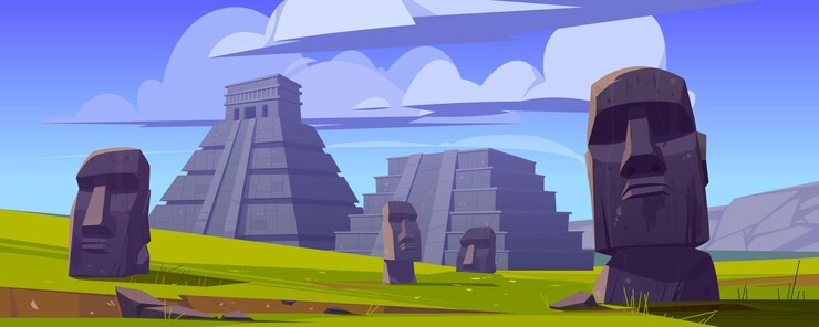 Vetor grátis estátuas e pirâmides de moai, a república do chile percorrem marcos famosos como cabeças de pedra em campo verde