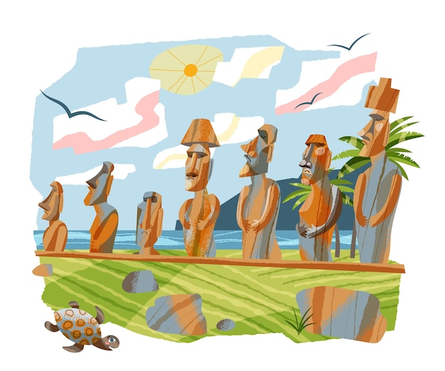 Estátuas Moai na Ilha de Páscoa em fila Esculturas de pedra famosas no Chile viagens e turismo com figuras antigas de rochas misteriosas na América do Sul