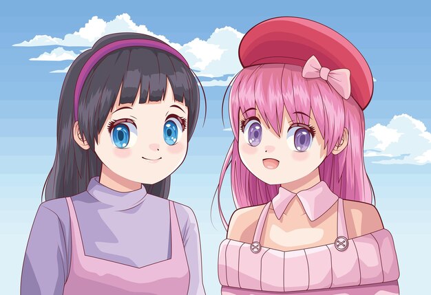 Estilo anime de casal de meninas