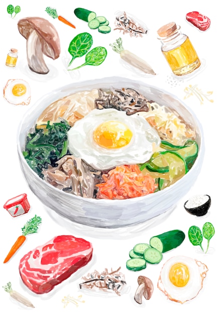 Estilo de aquarela mão desenhada bibimbap