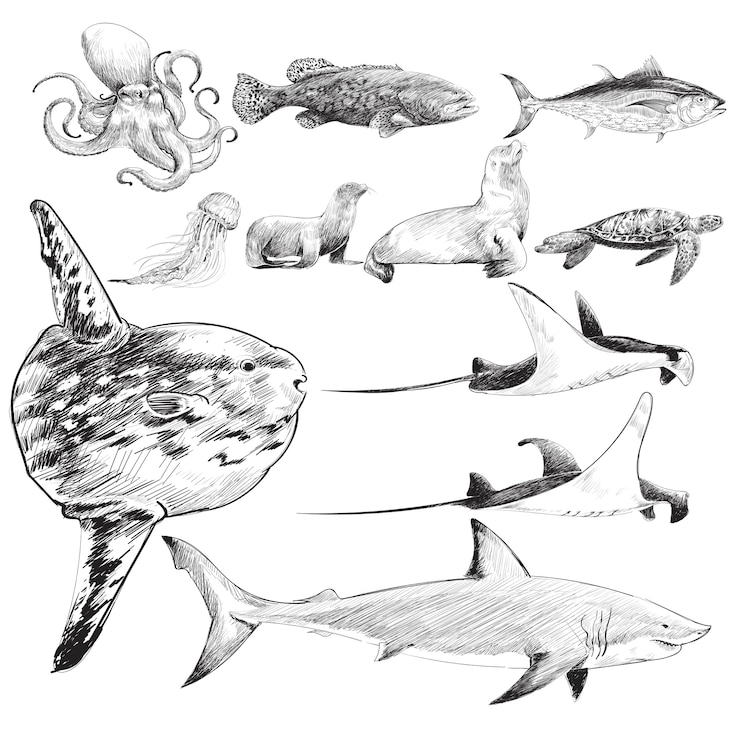 Vetor grátis estilo de desenho de ilustração da coleção de vida marinha