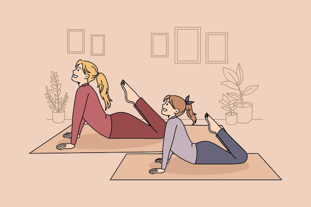 Estilo de vida saudável da família e conceito de ioga. positivo mãe e filha praticando ioga pilates ou alongamento em casa juntos ilustração vetorial