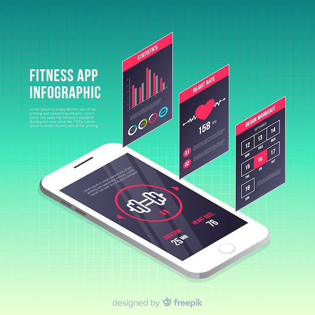 Estilo isométrico de modelo de infográfico de app móvel de aptidão