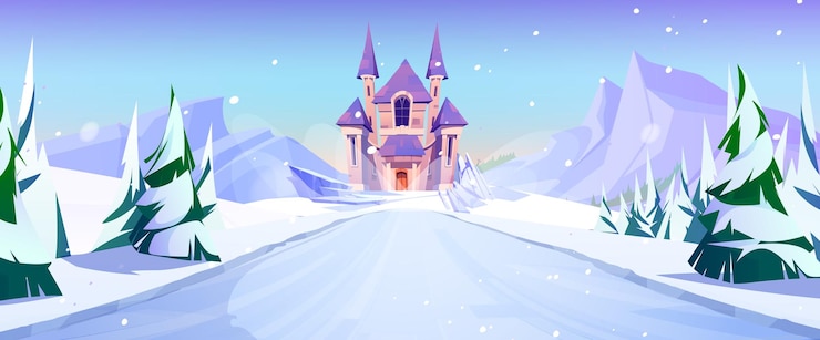 Vetor grátis estrada congelada de inverno para o castelo mágico fundo palácio do reino de conto de fadas para a princesa na floresta de pinheiros com neve caindo paisagem de conto de fadas da natureza com arquitetura de fortaleza medieval e caminho